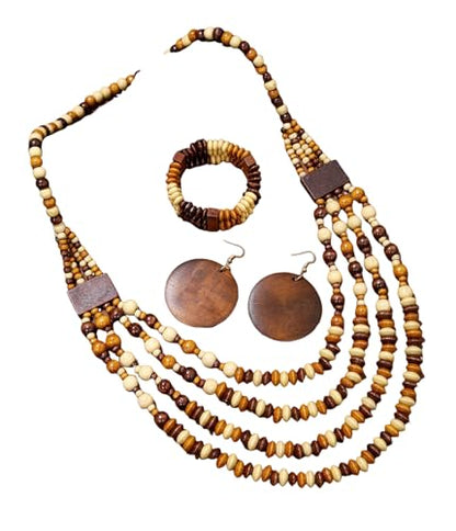 Colorful Ethnic Wooden Earrings Round Statement Dangle Earrings Multilayered Geometric Beaded Bracelet Necklace Set for Women Exaggerated Tribal Jewelry - color: Brown Beige Mixed