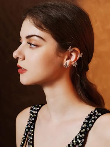 2Pcs Butterfly Ear Cuffs Rhinestone Clip On Earrings | Rhinestone butterfly ear cuffs with non piercing clip on design; silver ear wrap climber jewelry for parties and weddings - style: Style B Silver