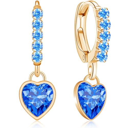 Sparkly Crystal Love Heart Dangle Drop Earrings Dainty Rhinestone Tiny Heart Huggie Hoop Earrings For Women - color: Blue