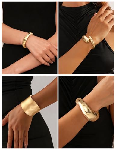 sailimue Chunky Gold Bracelets for Women Non Tarnish Bangles 4 Pcs | 16K Gold Plated Cuff Bracelets Stack Hinged Open Bangle Trendy Jewelry Gifts - style: Style A