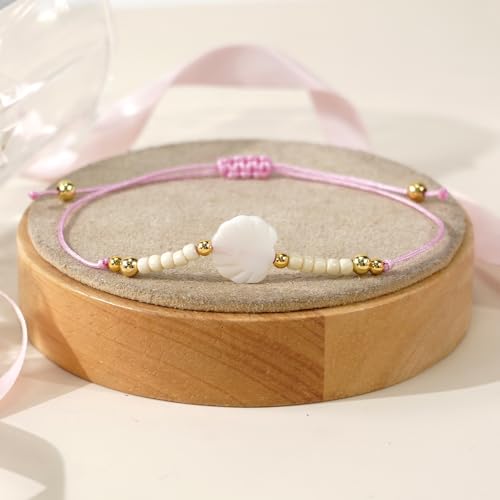 Boho Glass Seed Beaded Bracelets For Women, Handmade Romantic Gold Plated charm String Braided Rope Adjustable Jewelry, Summer Beach Daily Party Friendship Gift - color: Pink Shell