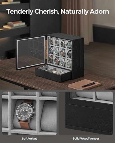 SONGMICS Watch Box 12-Slot Watch Display Case with Window | Solid Wood Veneer, Velvet Lining, Vertical Storage, Space Saving, Gift Idea, Ebony Black, UJOW014B01 - color: Ebony Black, size: 12 Slot