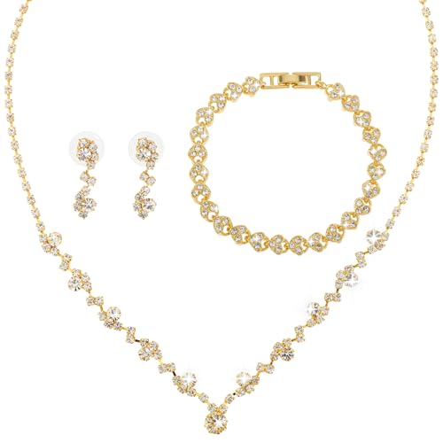 Bridal Jewelry Set for Wedding, Elegant Rhinestone Necklace Earrings Bracelet for women, Bridesmaid Silver Jewelry Set,Bridal Wedding Jewelry Sets, Formal Costume Accessories for Women - color: Gold