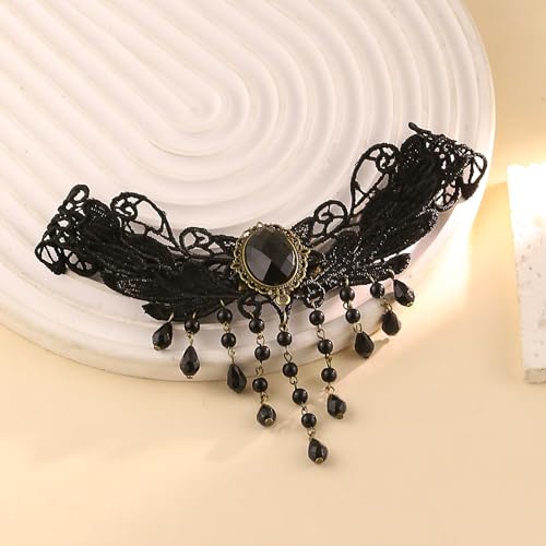 Gothic Victorian Style Vampire Choker Necklace for Women Black Crystal Tassel Lace Collar Necklace Halloween Punk Black Sexy Lace Necklace Halloween Cavewoman Costume - style: Crystal Tassel