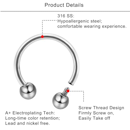 Lcolyoli 16g Septum Rings Internally Threaded Surgical Steel Septum Jewelry Lip Rings Hoop Labret Jewelry Horseshoe Earrings Daith Piercing Jewelry for Women Men - color: 16g,silvertone+black