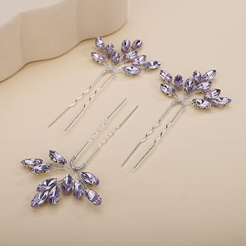 Teyglen 3pcs Bridal Crystal Hair Pins Rhinestones Hair Pieces Simple Purple Crystal Wedding Hair Pins Handmade Hair Accessories for Women Bride(Purple) - color: Purple