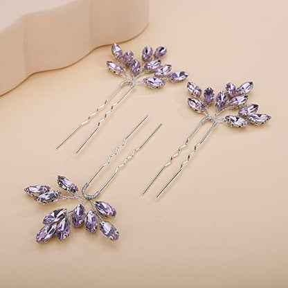 Teyglen 3pcs Bridal Crystal Hair Pins Rhinestones Hair Pieces Simple Purple Crystal Wedding Hair Pins Handmade Hair Accessories for Women Bride(Purple) - color: Purple