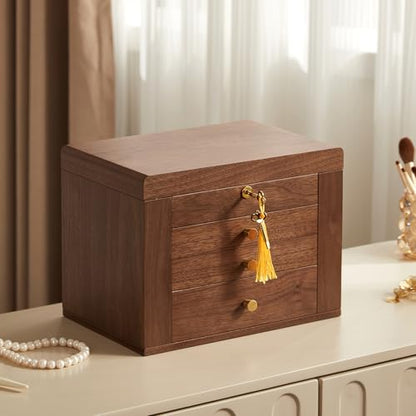 CHOSIN Black Walnut Wooden Jewelry Box for Women with Lock, Mirror, 4 Layer | Lockable wity Key, 3 Drawers, 2 Side Doors, Large Capacity for Necklaces, Earrings, Rings, Watches, Brooches, Women Gifts - size: 4 Layer - Full Lock