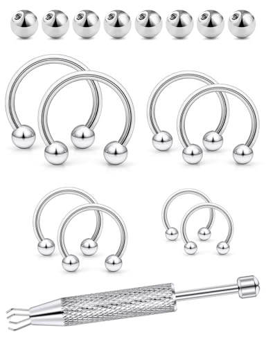 16G 316L Surgical Steel Horseshoe Septum Rings, 6/8/10/12 External Thread with Balls & Tool (17PCS) Nose Cartilage Lip Jewelry - color: Horseshoe Ring 6-12mm