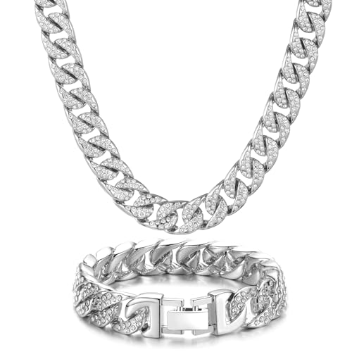Saintda Iced Out Cuban Link Chain Necklace Bracelet Set for Men | 14mm Cuban Link Necklace Bracelet Jewelry Set Diamond Iced Out Mens Bling Thick Necklaces Chains - color: Silver-W:14MM-THK:5MM, size: 24inch