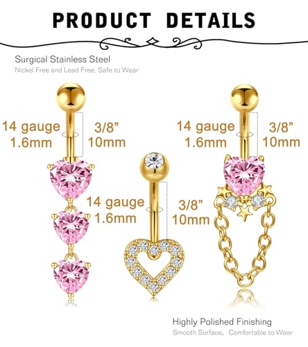 MODRSA Gold Belly Button Ring Dangle Belly Rings Silver Pink Dangling Dangly Belly Button Piercing Hypoallergenic Surgical Steel Opal Butterfly Navel Rings for Women Cute Dainty Navel Jewelry - color: B1- heart 3pcs - gold pink