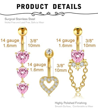 MODRSA Gold Belly Button Ring Dangle Belly Rings Silver Pink Dangling Dangly Belly Button Piercing Hypoallergenic Surgical Steel Opal Butterfly Navel Rings for Women Cute Dainty Navel Jewelry - color: B1- heart 3pcs - gold pink