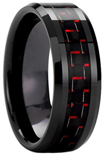 AZYOUNG Black Red Carbon Fiber Tungsten Carbide Ring Men Women Wedding Engagement Band - 8MM