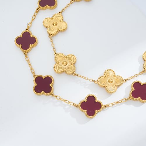 Waterproof Four-Leaf Clover Bracelet,Adjustable Link Double Sided Jewelry, Lovely Fashion Jewelry Gift for Women - color: Gold Bracelet + Red Bracelet
