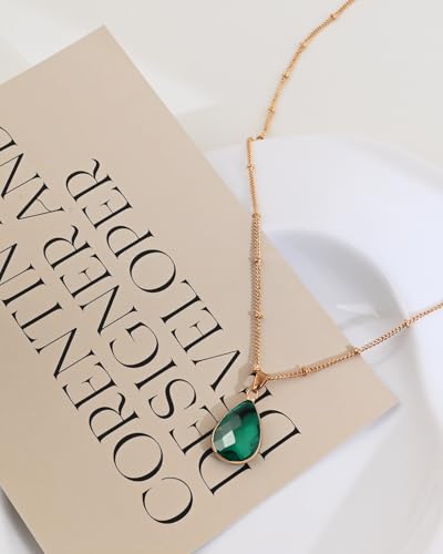 14K Gold Plated Emerald Teardrop Necklace Crystal Pendant Necklace for Women Classic Green Jewelry for Mothers Gift