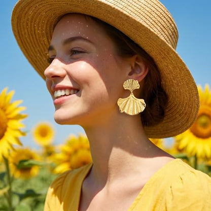 Chunky Gold Plated Flower Statement Drop Earrings for Women | Hypoallergenic 18K Gold Plated Textured Petal Wing, Large Statement Dangle Earrings for Wedding Party - color: Gold Medium Ginkgo Leaf-D