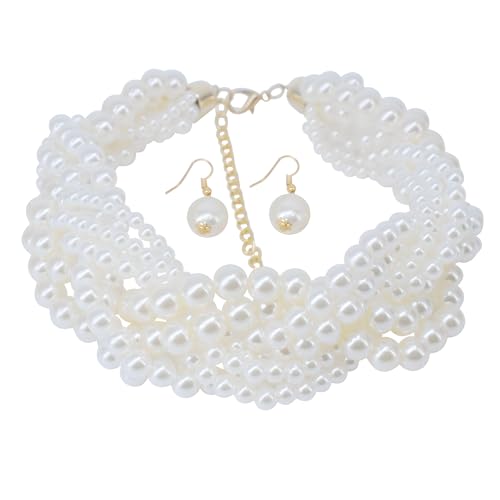 utop JNF Hand made Pearl Statement Necklace for Women Rhinestone Multilayer Crystal Necklaces Chunky Pearl Necklace Large Pearl Necklace and Earrings Set for Mother Mom's gift - color: white pearl choker necklaces