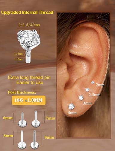 LOLIAS 16G 18G Flat Back Earrings Studs-Hypoallergenic Surgical Stainless Steel Cartilage Earring for Women Internally Threaded Cubic Zirconia Nose Stud Lip Medusa Tragus Helix Piercing Jewelry - color: 18G-2/2.5/3/4mm CZ-Steel Tone