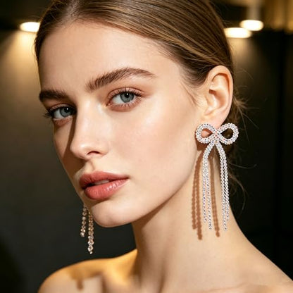 Rhinestone Earrings Dangling for Women Sparkly Silver Dangle Earrings Girls Long Chandelier Earrings Tassel Lightweight Ear Studs Cubic Zirconia (KE001S-W) - color: Bow 516286S-WAB Silver Crystal AB