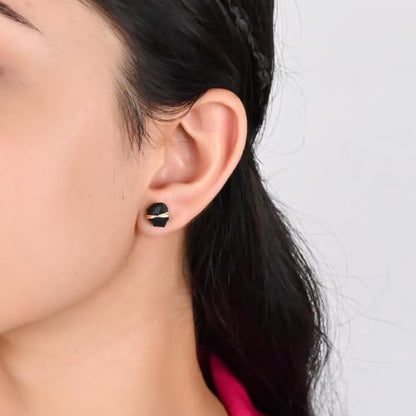 Gempires Wire Wrapped Raw Gemstone Stud Earrings for Women, Birthstone | Handmade wire-wrapped raw gemstone stud earrings — choose from stones and birthstones, artisan raw crystals on gold. - style: Black Tourmaline