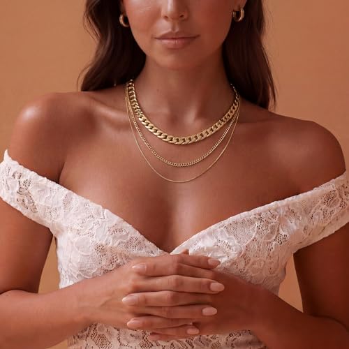 Freekiss Layered Necklace Set for Women Stackable | Herringbone Snake Cuban Rope Chain, Dainty Choker, Layered Stackable, Non Tarnish, Hypoallergenic, Adjustable 14-18.5" - color: Gold, style: 8mm Cuba+Box Chain+2.5 Cuba