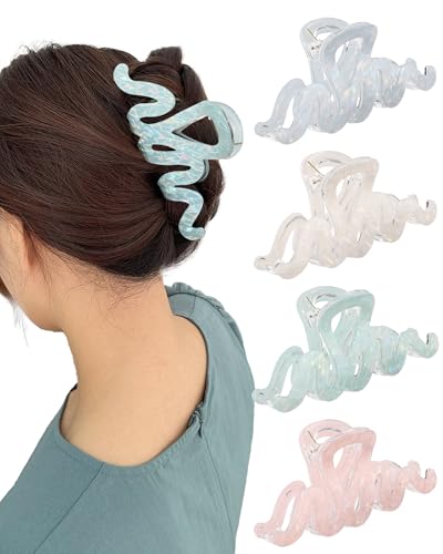 4PCS Large Claw Clips for Thick Hair, Large Acrylic Hair Clips | Modern Marble Geometric Design, Non-Slip Secure Hold for Long Hair, Buns, Updos and Everyday Styling - color: Wave-White + Pink + Blue + Cyan