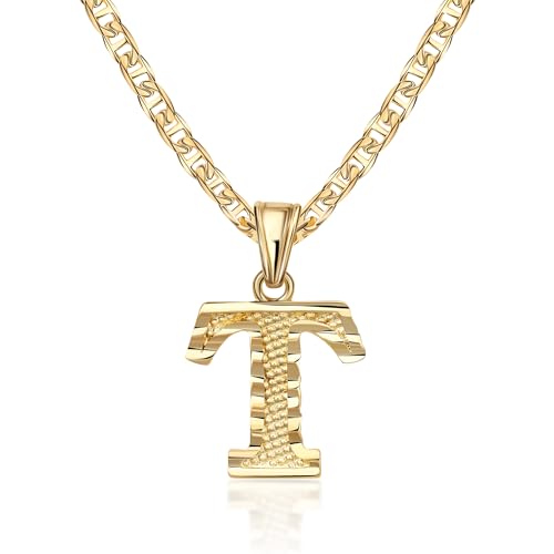 Barzel 18K Gold Plated Initial Necklace with Diamond Cut Initial, Waterproof, High Polish Finish, Made in Brazil - style: T