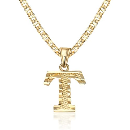 Barzel 18K Gold Plated Initial Necklace with Diamond Cut Initial, Waterproof, High Polish Finish, Made in Brazil - style: T