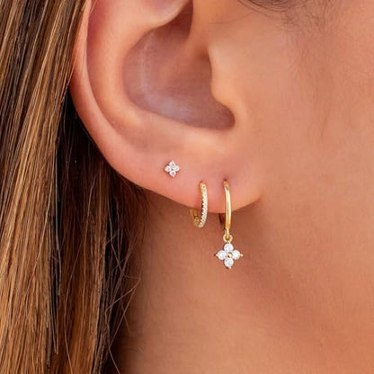 3 Pairs Earring Stacks, Gold Earring Set Jewelry Gift for Women | Small, 14K Gold/White Gold/Black/Rose Gold Plated, Hypoallergenic, Her, Everday, Stackable, Simple, 3 Holes - color: Gold-Four Leaf