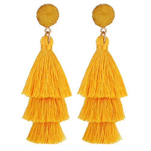 Bohemian Tiered Tassel Earrings with Druzy Stud for Women | Long Layered Fringe Drop Earrings, Statement Jewelry for Party Beach Festival - color: Yellow