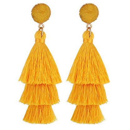 Bohemian Tiered Tassel Earrings with Druzy Stud for Women | Long Layered Fringe Drop Earrings, Statement Jewelry for Party Beach Festival - color: Yellow