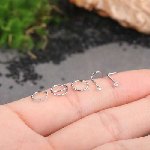 Xpircn 5pcs Hoop Nose Rings and L Shaped Nose Rings Stud Set 18G/20G Stainless Steel CZ Helix Conch Daith Tragus Cartilage Hoop Earrings for Women 6mm 7mm 8mm 10mm - color: Silver, size: 20G, 6mm hoop & 7mm studs