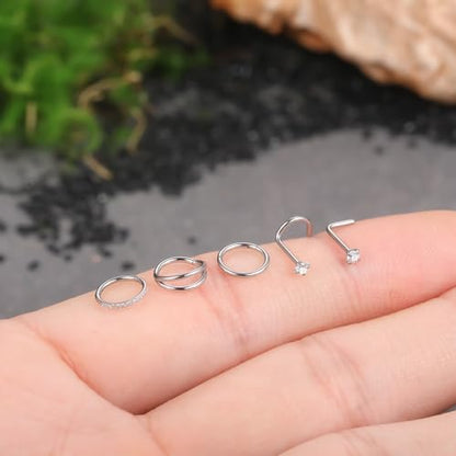 Xpircn 5pcs Hoop Nose Rings and L Shaped Nose Rings Stud Set 18G/20G Stainless Steel CZ Helix Conch Daith Tragus Cartilage Hoop Earrings for Women 6mm 7mm 8mm 10mm - color: Silver, size: 20G, 6mm hoop & 7mm studs