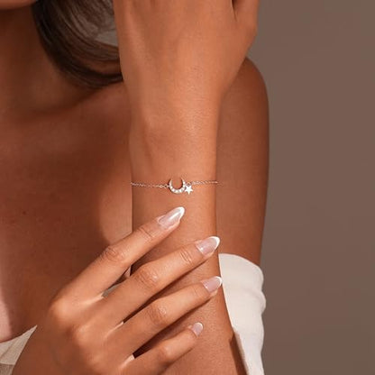 SUYACS 925 Sterling Silver Star Moon Bracelets for Women Mom | Dainty 14K Gold Plated Crescent CZ Link Bracelet Lucky Friendship Charm Chain Jewelry Birthday Gifts for Daughter Friends - color: Silver