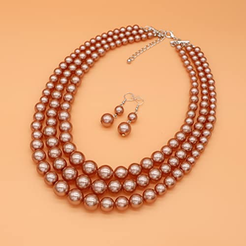 Chunky Layered Imitation Pearl Necklace for Women 3 strand Pearl Necklaces Faux Pearl Necklace Earrings Set 1920s Flapper Gatsby Costume Accessories - color: 3 strand pearl necklace champagne