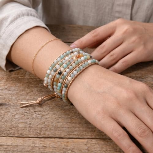 YGLINE Natural Stone Wrap Bracelet for Women Boho Bracelets Healing Crystal Beaded Bracelet Adjustable 3/5 Wraps Bracelet Handmade Birthday Gifts for Women - color: Amazonite(5 wraps)