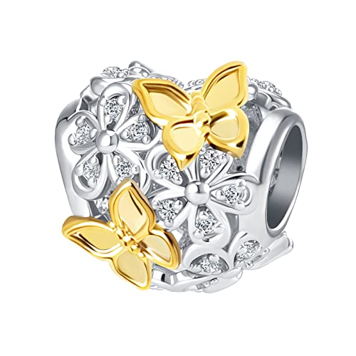 Butterfly Daisy Flower Heart Charm Clear CZ Bead for European Bracelet - style: Gold