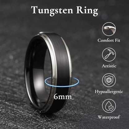 King Will Mens Brushed Wedding Band, Two Tone Matte Step Edges/Pipe Cut, Tungsten Carbide Anniversary Promise Rings Comfort Fit - color: Black&Silver Edge-6mm