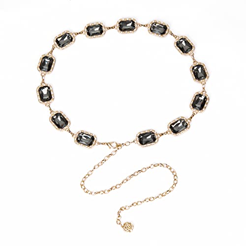 ILuvatar Green Glass Diamond Chain Belt - Metal Women's Western Style Dress Belt - color: Gold-s-black