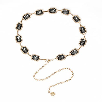 ILuvatar Green Glass Diamond Chain Belt - Metal Women's Western Style Dress Belt - color: Gold-s-black