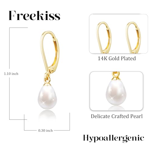 Freekiss Pearl Earrings for Women Trendy: Flat Back Stud Earrings 14K Gold Plated/925 Sterling Silver Freshwater Pearl Dangle Earrings Cute Bow Earrings Wedding Jewelry Birthday Gifts for Women Girls - style: leverback dangle earrings