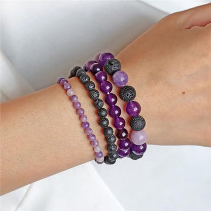 Vinswet 4pcs Beaded Bracelets for Women,Natural Healing Crystal Gemstones Bracelet,Anxiety Stress Relief Bracelet Handmade purple Jewelry Gifts for Women - color: Lepidolite&Lava Rock&Amethyst