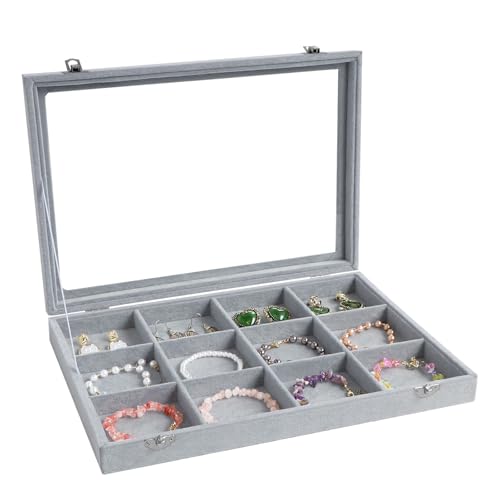 Wudygirl Velvet Bracelet Organizer Tray with Lid, 13.7x9.4 Inch Gray | 12 Grid Jewelry Organizer for Bracelet, Perfect for Home Organization, Jewelry Display, Gift Giving, Dustproof Design - color: Gray, size: 12 Grid