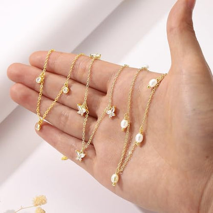 Ursteel 14K-Gold-Plated Necklace for Women Girls, Cute Daisy Pearl Necklace for Girls Clover Butterfly Cubic Zirconia Flower Evil Eye Station Necklaces for Women Teen Girl Gifts - color: Pearl