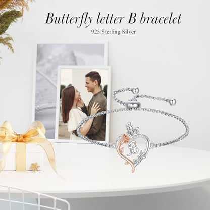 TOUPOP Gifts for Women Rose Heart Initial Bracelet 925 Sterling Silver Butterfly Letter Link Bracelet Love Jewelry Anniversary Birthday Gifts for Wife Girlfriend Mom Her - style: Initial B