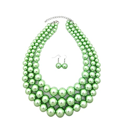Fashion 21 Women's Faux Pearl Three Multi-Strand Statement Necklace and Earrings Set - color: Lime Green