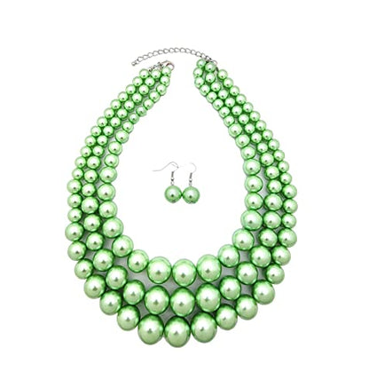 Fashion 21 Women's Faux Pearl Three Multi-Strand Statement Necklace and Earrings Set - color: Lime Green