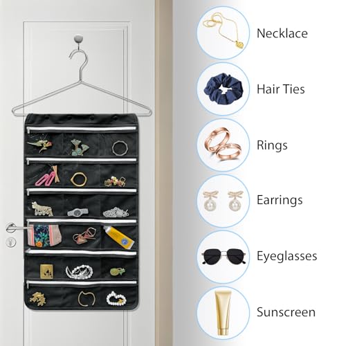 Bloss Hanging Jewelry Organizer, Black Earring Travel Storage Holder with 36 Zippered Pockets for Suitcase, Closet, Foldable Roll Case - color: Black - zipper