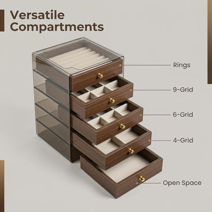 3-Layer Wooden Drawers Jewelry Box For Women,Jewelry Organizer with Acrylic Cover & Velvet Lining-Adjustable Compartments for Earrings Organizer, Rings, Necklaces, Bracelets (5.2*5.2*7.5 Narrow, 3) - size: 5.2*5.2*7.5 Narrow