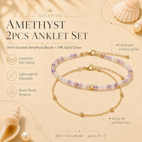 2Pcs Beaded Anklets for Women, Natural Stone Bead Ankle Bracelets with 14K Gold Plated Chain, Waterproof Adjustable Layered Anklet Set, Boho Beach Summer Jewelry Gift - color: Amethyst